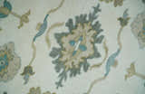 Custom Made Ivory, Teal and Beige Floral Hand Knotted Traditional Oushak Wool Area Rug