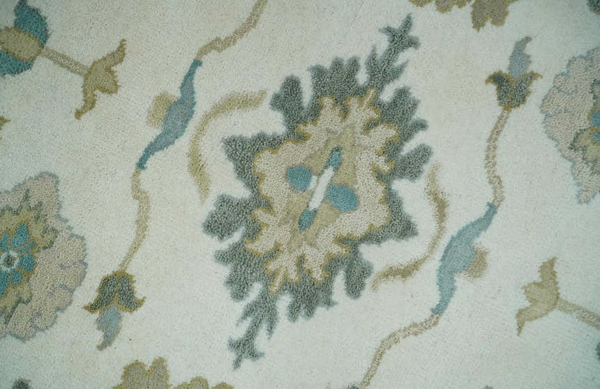 Custom Made Ivory, Teal and Beige Floral Hand Knotted Traditional Oushak Wool Area Rug