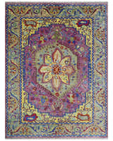Custom Made Light Green and Purple Medallion Traditional Hand Knotted Wool Area Rug