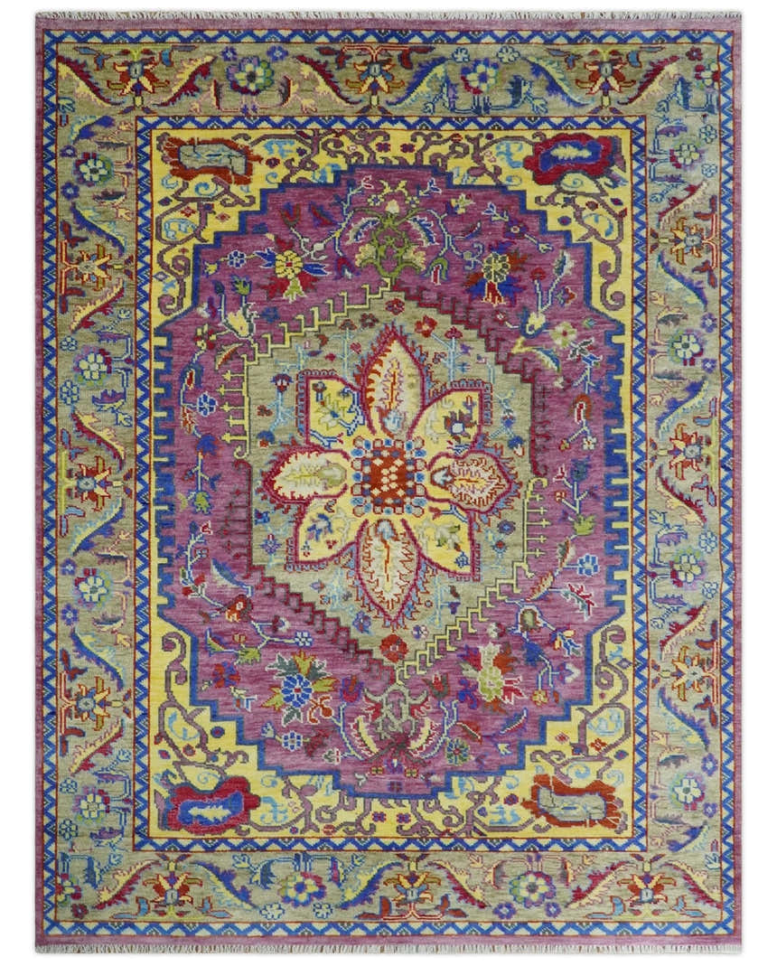 Custom Made Light Green and Purple Medallion Traditional Hand Knotted Wool Area Rug