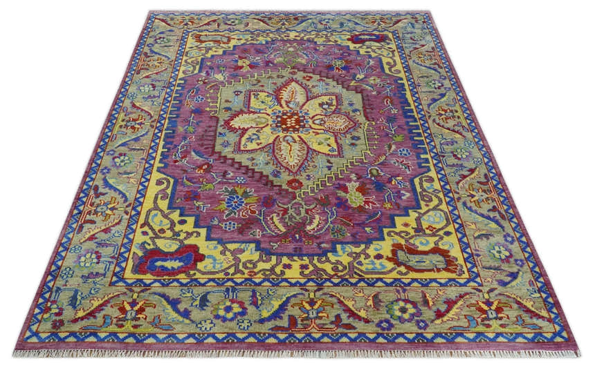 Custom Made Light Green and Purple Medallion Traditional Hand Knotted Wool Area Rug