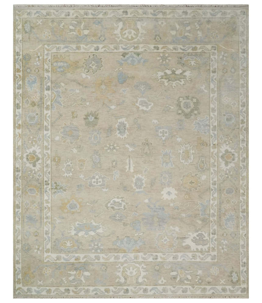 Custom Made Beige and Ivory Hand Knotted Traditional Oushak Wool Area Rug