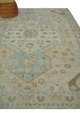 Custom Made Low Pile Hand Knotted Peach and Blue Traditional Design Wool Area Rug