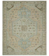 Custom Made Low Pile Hand Knotted Peach and Blue Traditional Design Wool Area Rug
