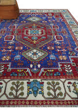 Custom Made Maroon, Blue and ivory Hand Knotted Traditional Wool Rug