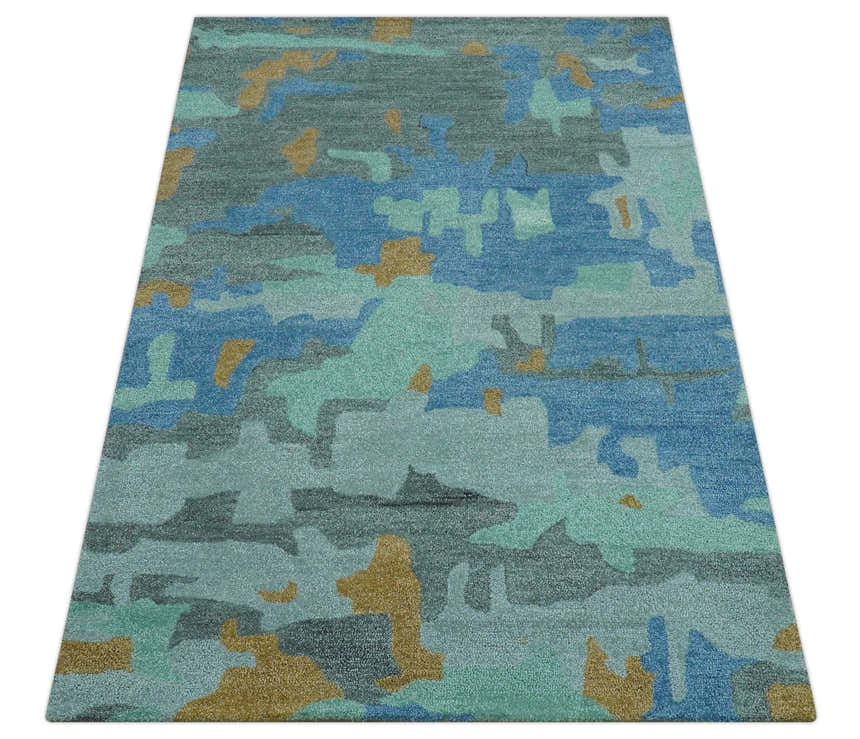 Custom Made Modern Blue Abstract Design Hand Tufted Wool And Viscose Area Rug
