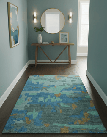 Custom Made Modern Blue Abstract Design Hand Tufted Wool And Viscose Area Rug
