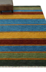 Custom Made Modern Geometrical Blue, Gold, Brown and Green Stripes Design Wool Area Rug
