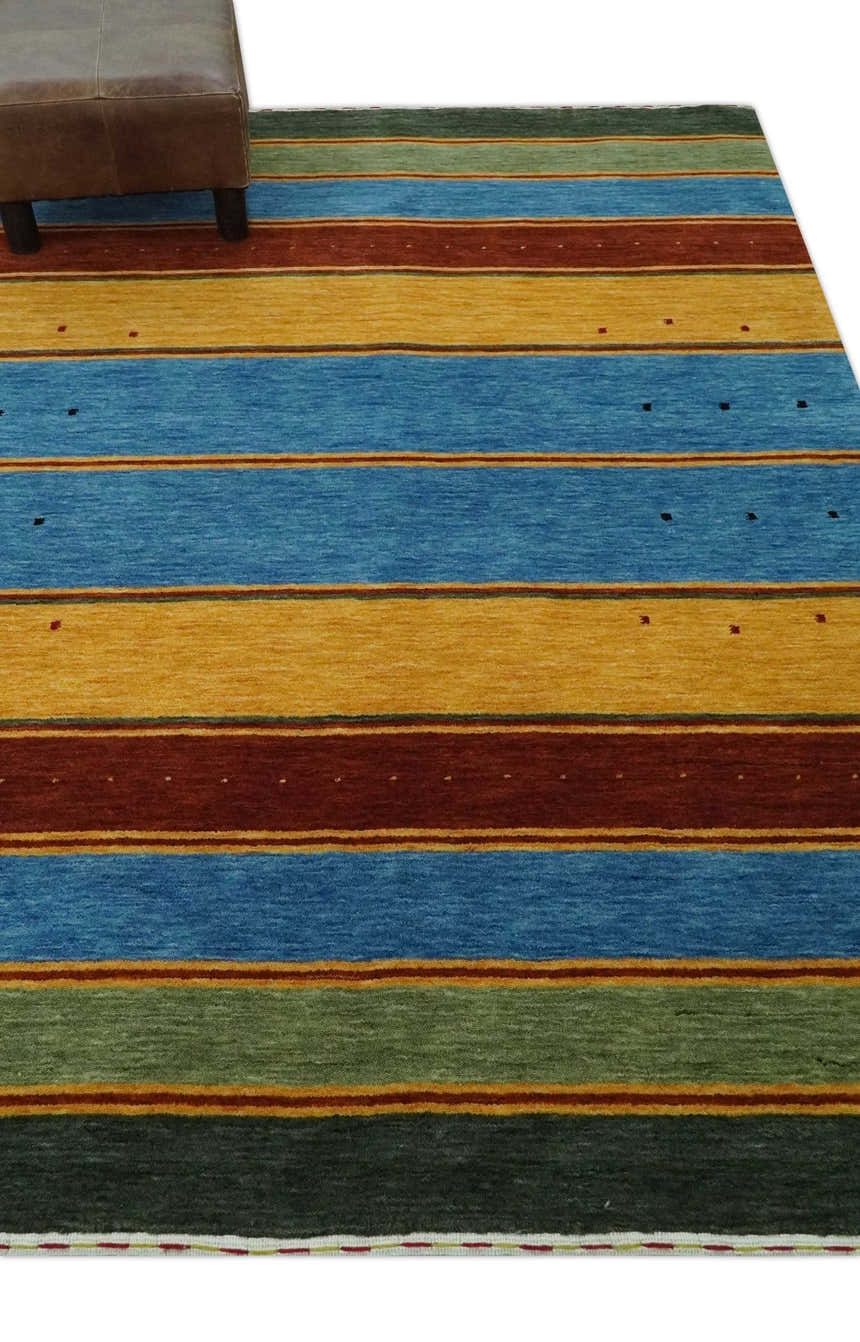 Custom Made Modern Geometrical Blue, Gold, Brown and Green Stripes Design Wool Area Rug