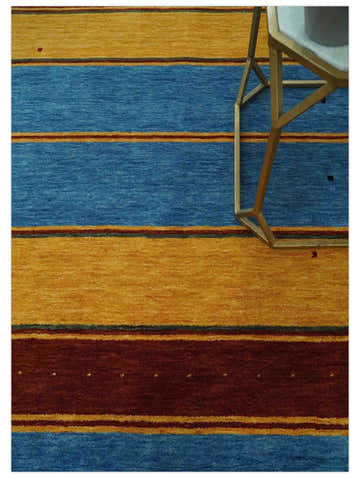 Custom Made Modern Geometrical Blue, Gold, Brown and Green Stripes Design Wool Area Rug