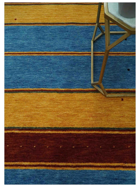 Custom Made Modern Geometrical Blue, Gold, Brown and Green Stripes Design Wool Area Rug