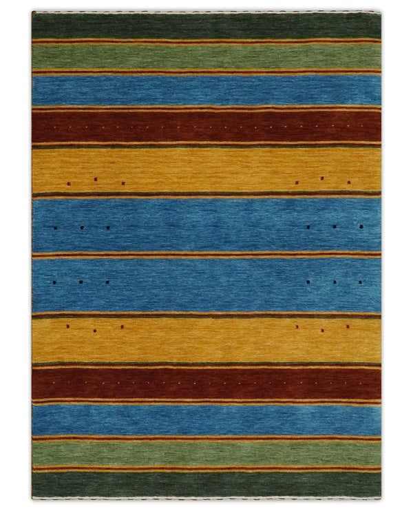 Custom Made Modern Geometrical Blue, Gold, Brown and Green Stripes Design Wool Area Rug