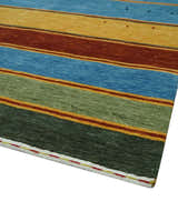 Custom Made Modern Geometrical Blue, Gold, Brown and Green Stripes Design Wool Area Rug