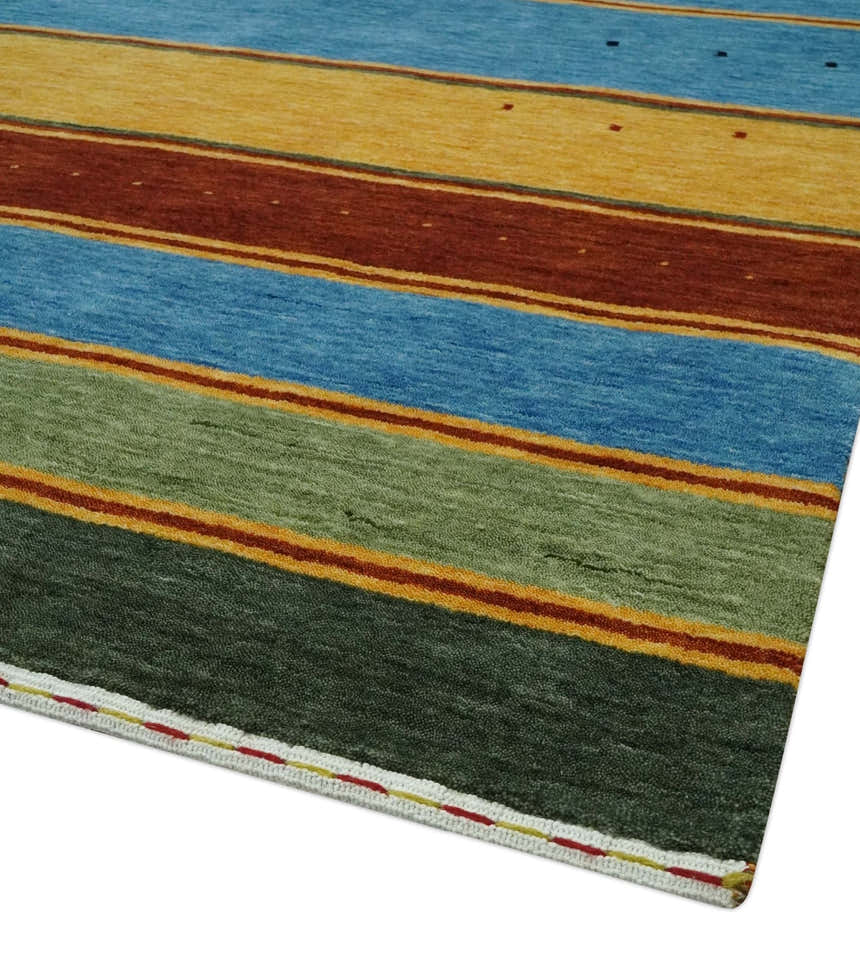 Custom Made Modern Geometrical Blue, Gold, Brown and Green Stripes Design Wool Area Rug