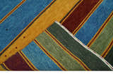 Custom Made Modern Geometrical Blue, Gold, Brown and Green Stripes Design Wool Area Rug