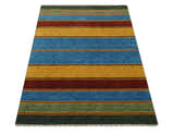 Custom Made Modern Geometrical Blue, Gold, Brown and Green Stripes Design Wool Area Rug