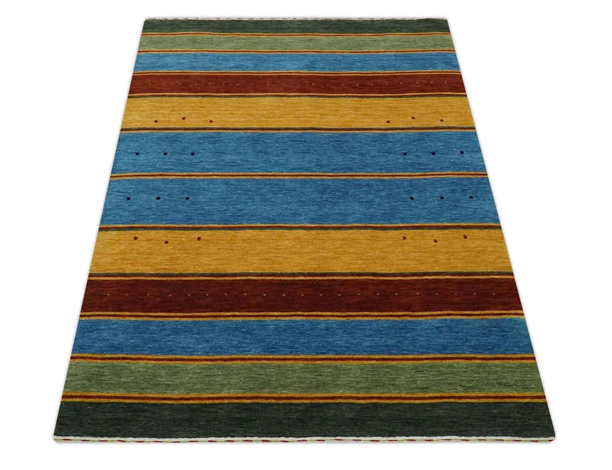 Custom Made Modern Geometrical Blue, Gold, Brown and Green Stripes Design Wool Area Rug