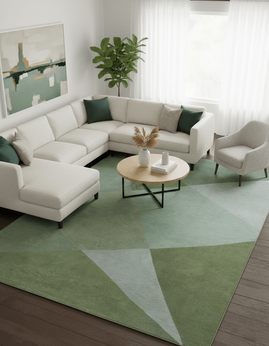 Custom Made Modern Geometrical Design Green And Gray Hand knotted wool Area Rug