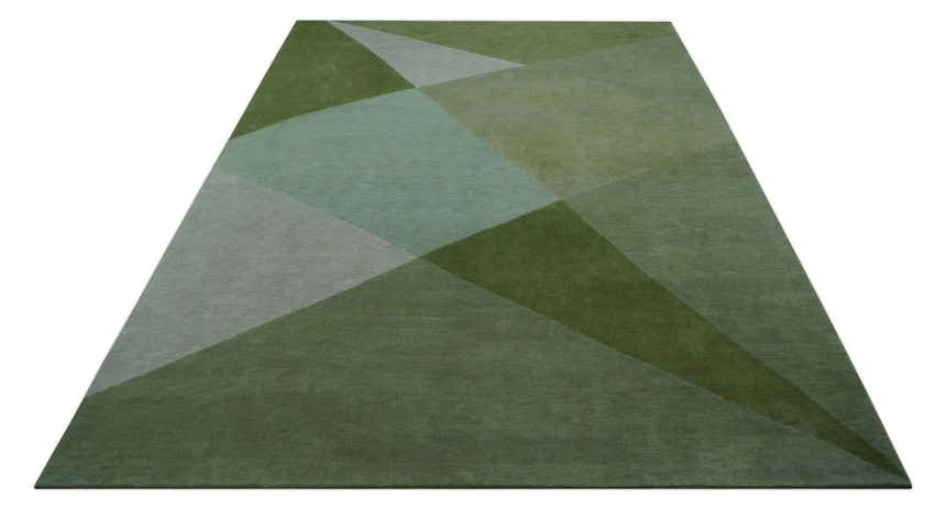 Custom Made Modern Geometrical Design Green And Gray Hand knotted wool Area Rug