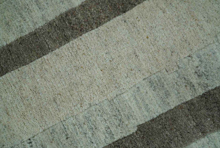 Custom Made Modern Geometrical Silver, Ivory and Charcoal Hand Knotted Wool area Rug