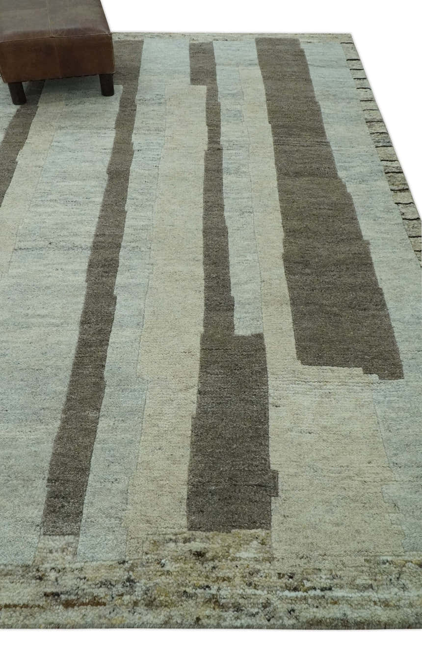 Custom Made Modern Geometrical Silver, Ivory and Charcoal Hand Knotted Wool area Rug