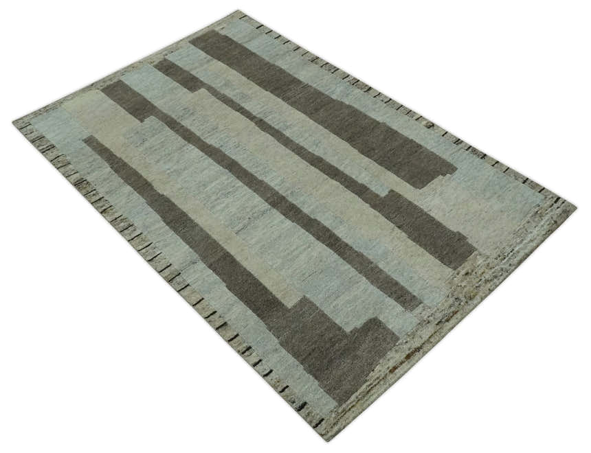 Custom Made Modern Geometrical Silver, Ivory and Charcoal Hand Knotted Wool area Rug