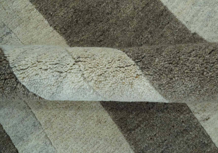 Custom Made Modern Geometrical Silver, Ivory and Charcoal Hand Knotted Wool area Rug