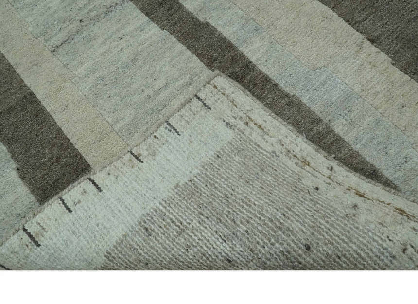 Custom Made Modern Geometrical Silver, Ivory and Charcoal Hand Knotted Wool area Rug