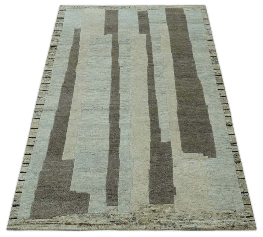 Custom Made Modern Geometrical Silver, Ivory and Charcoal Hand Knotted Wool area Rug