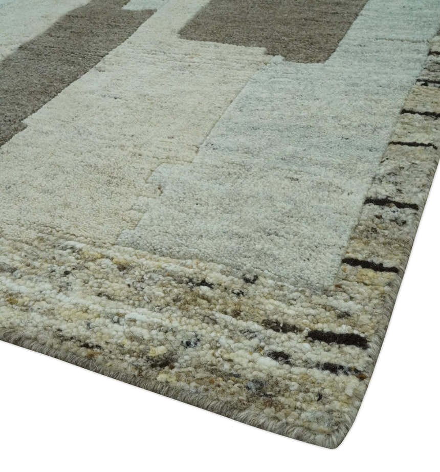 Custom Made Modern Geometrical Silver, Ivory and Charcoal Hand Knotted Wool area Rug