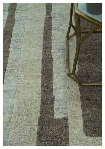 Custom Made Modern Geometrical Silver, Ivory and Charcoal Hand Knotted Wool area Rug