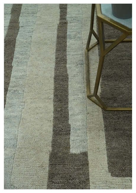 Custom Made Modern Geometrical Silver, Ivory and Charcoal Hand Knotted Wool area Rug