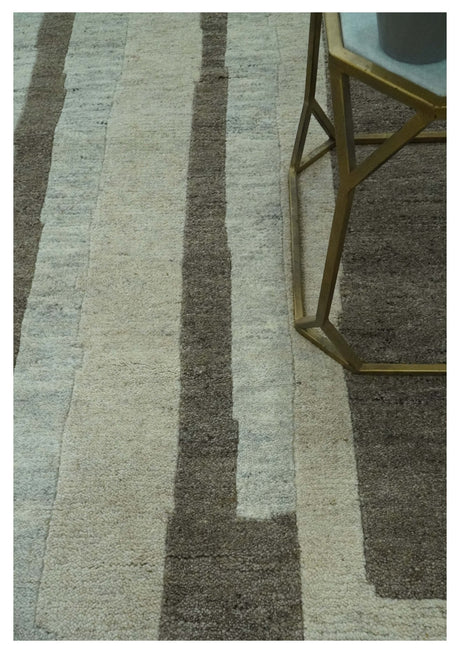 Custom Made Modern Geometrical Silver, Ivory and Charcoal Hand Knotted Wool area Rug