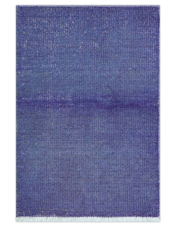 Custom Made Modern Solid Overdyed Blue Hand Knotted Wool Area Rug