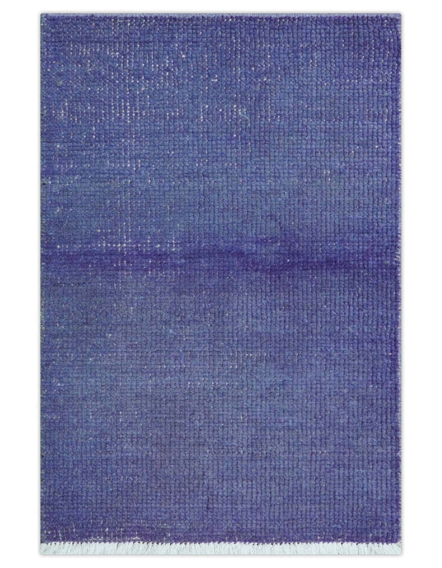 Custom Made Modern Solid Overdyed Blue Hand Knotted Wool Area Rug