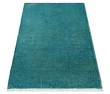 Custom Made Modern Solid Overdyed Blue Hand Knotted Wool Area Rug