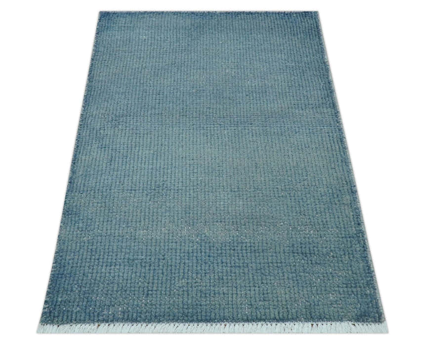 Custom Made Modern Solid Overdyed Light Blue Hand Knotted Wool Area Rug