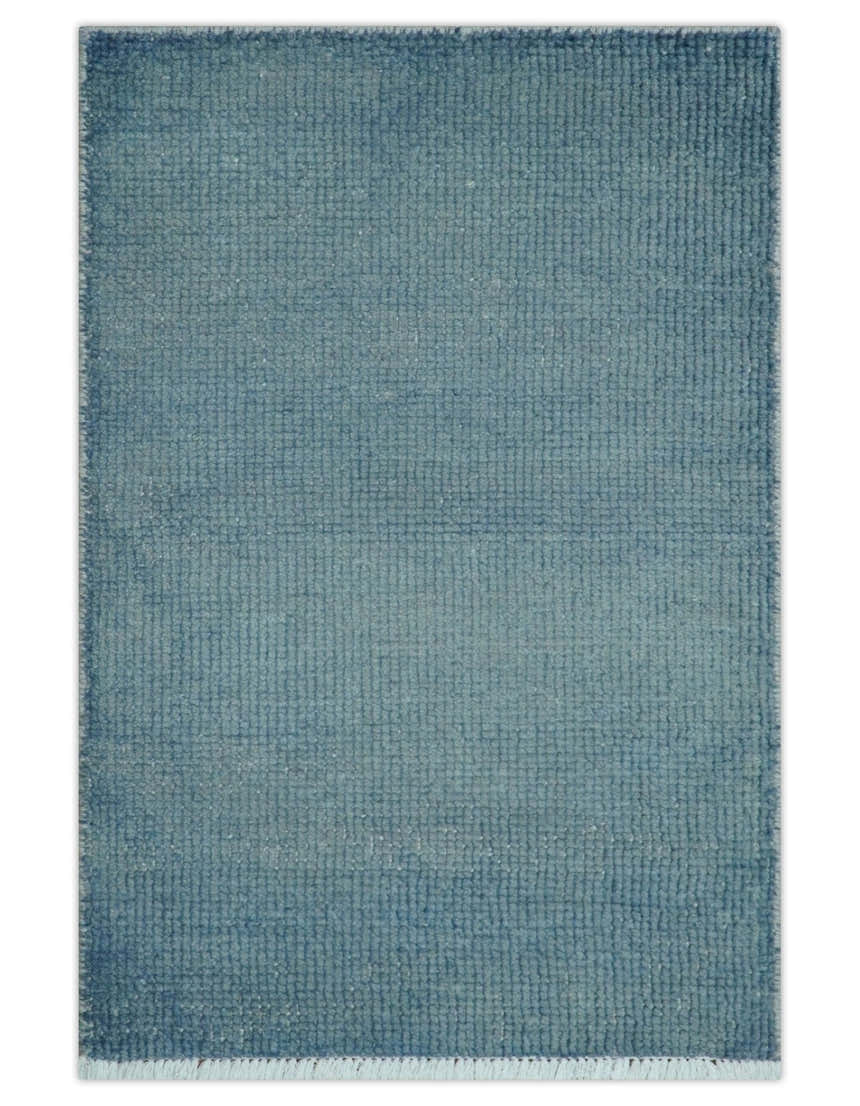Custom Made Modern Solid Overdyed Light Blue Hand Knotted Wool Area Rug