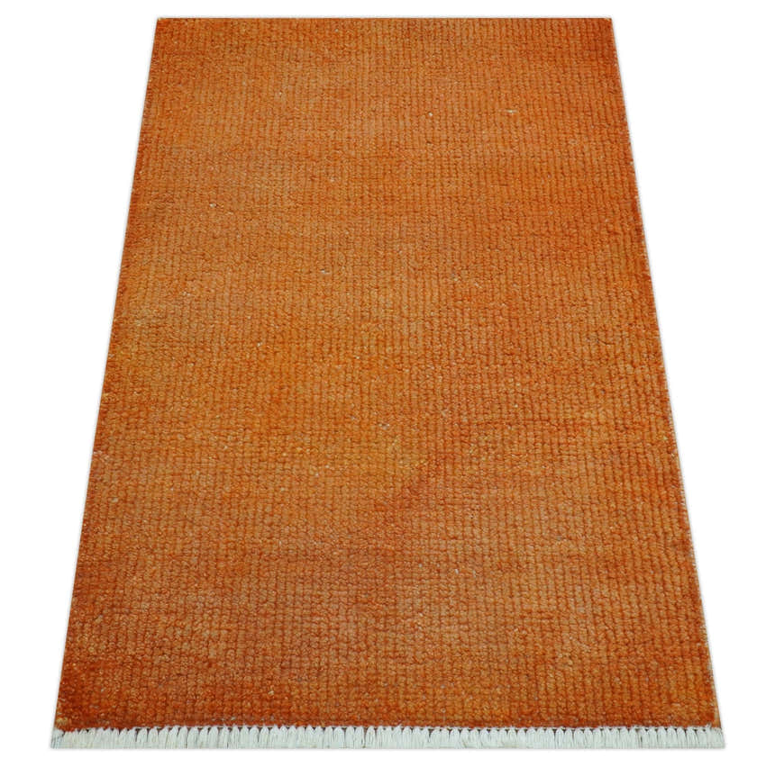Custom Made Modern Solid Overdyed Orange Hand Knotted Wool Area Rug