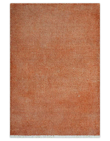 Custom Made Modern Solid Overdyed Rust Hand Knotted Wool Area Rug
