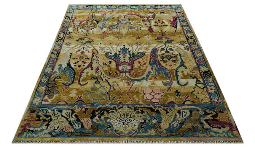 Custom Made Mustard and Teal transitional Dragon Oushak wool area rug