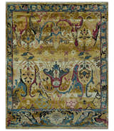 Custom Made Mustard and Teal transitional Dragon Oushak wool area rug