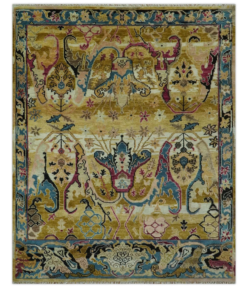 Custom Made Mustard and Teal transitional Dragon Oushak wool area rug