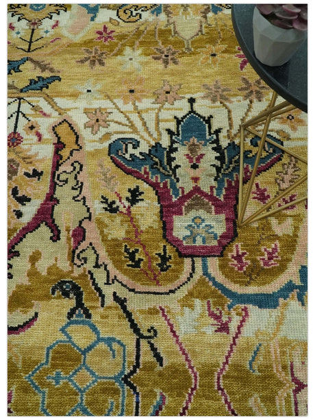 Custom Made Mustard and Teal transitional Dragon Oushak wool area rug