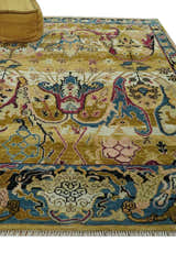 Custom Made Mustard and Teal transitional Dragon Oushak wool area rug