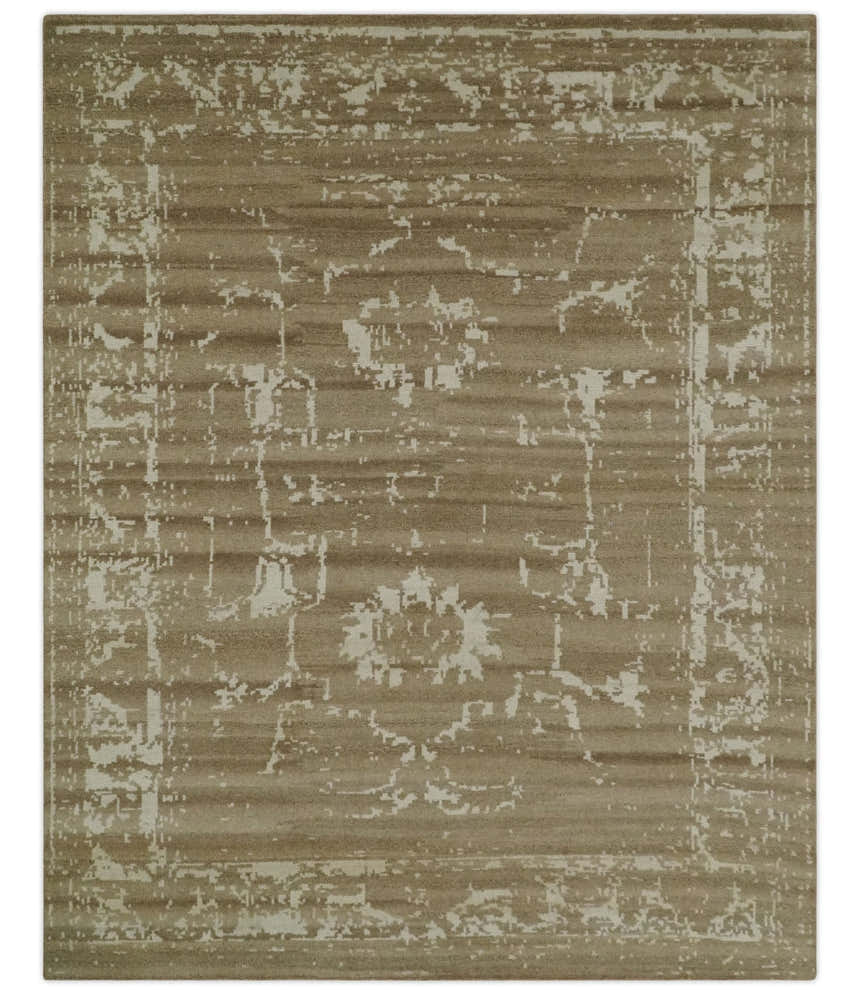 Custom Made Neutral Earthy Brown and Beige Chic Hand Knotted Natural Wool Minimal Area rug