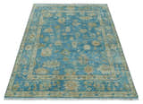 Custom Made Oushak Hand Knotted Blue and Beige Traditional Wool Rug