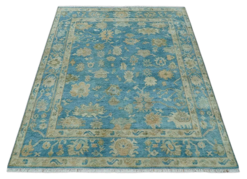 Custom Made Oushak Hand Knotted Blue and Beige Traditional Wool Rug