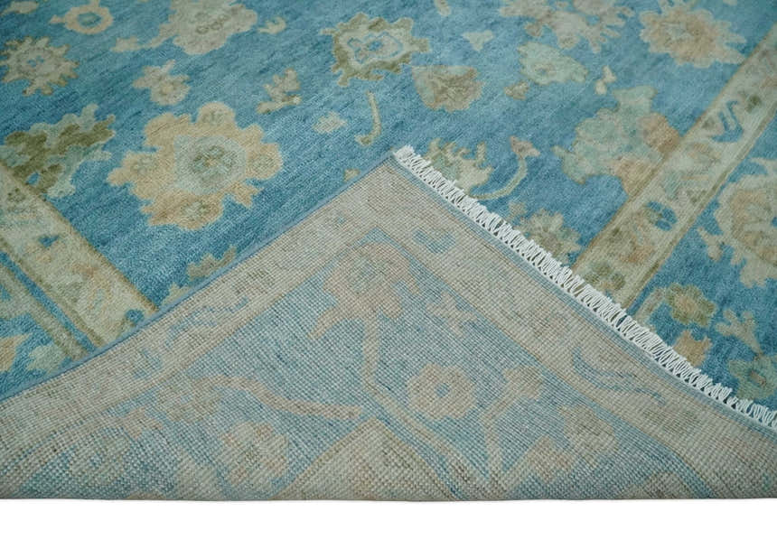 Custom Made Oushak Hand Knotted Blue and Beige Traditional Wool Rug
