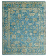 Custom Made Oushak Hand Knotted Blue and Beige Traditional Wool Rug